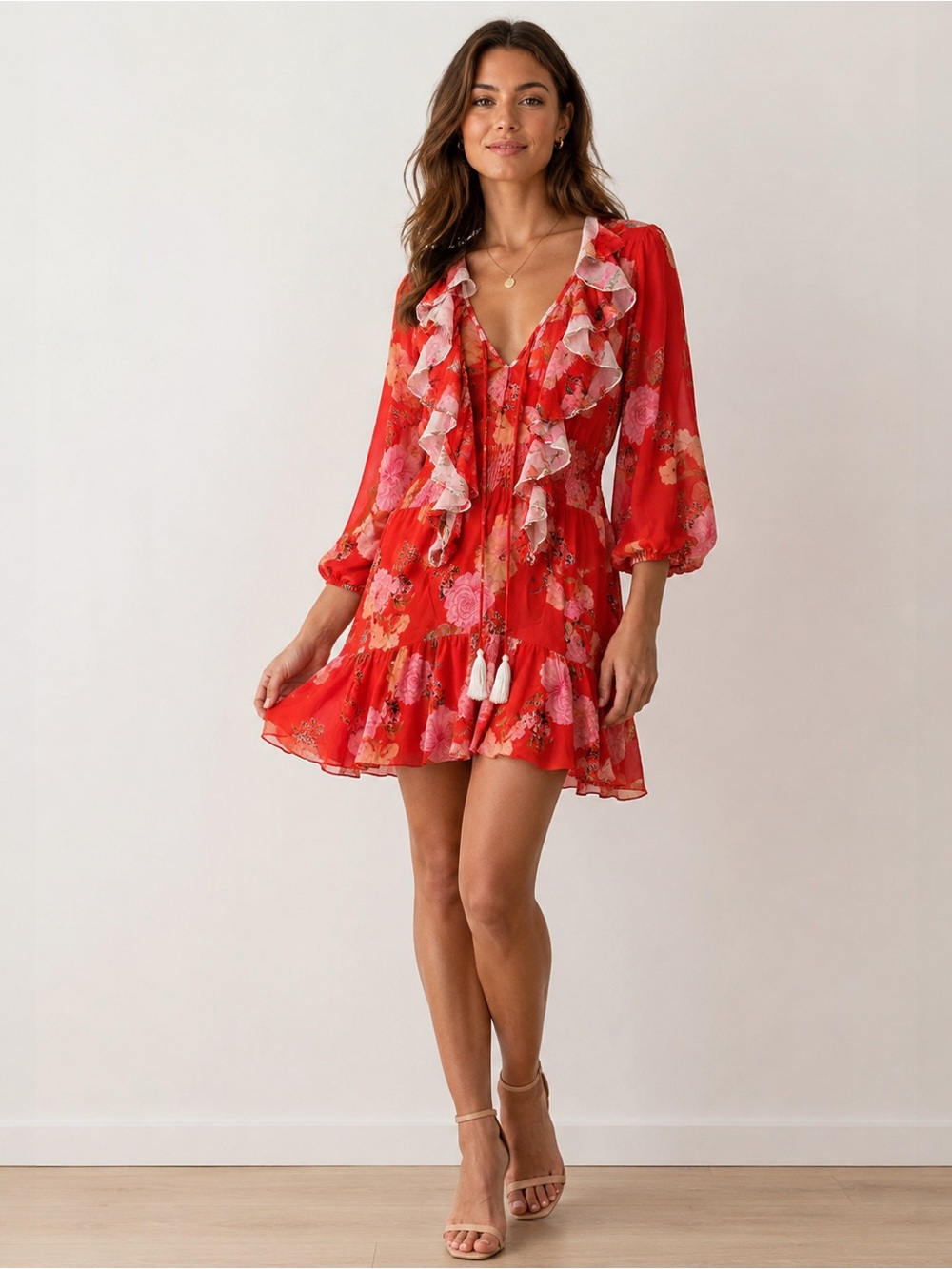 Souvenir Silk Floral Ruffle Mini Dress Red Pink Size Small